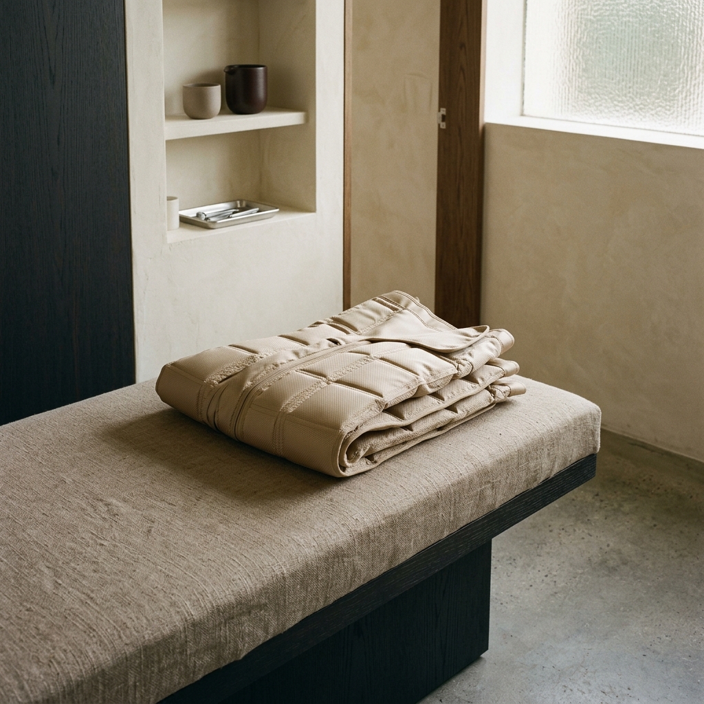 Champagne-coloured compression therapy suit folded neatly on a linen-covered bench