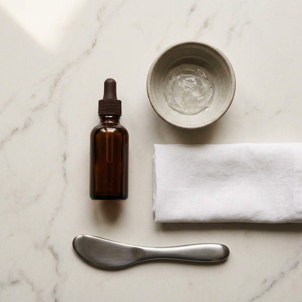 Overhead flat-lay of professional-grade skincare on a cream marble surface