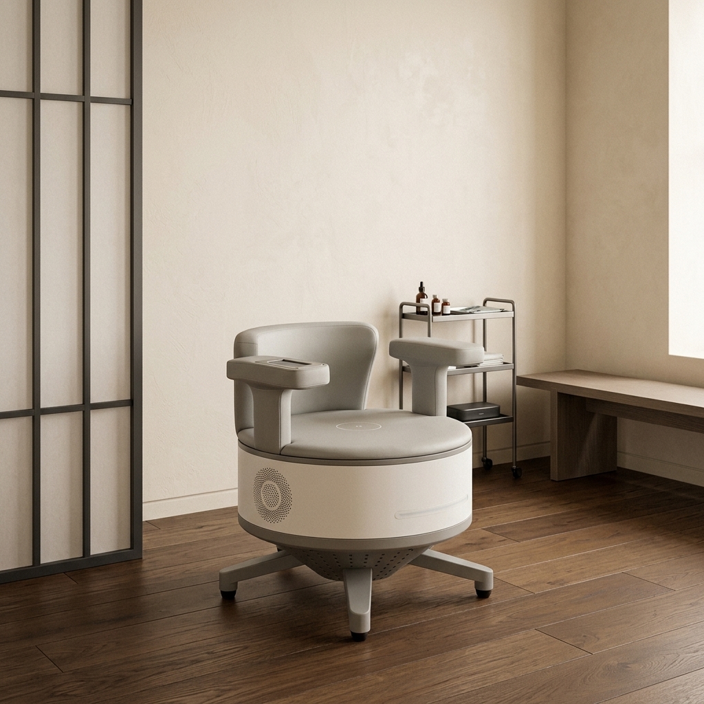 Matte-charcoal medical-grade Tesla Pelvic Floor Chair in a clean room